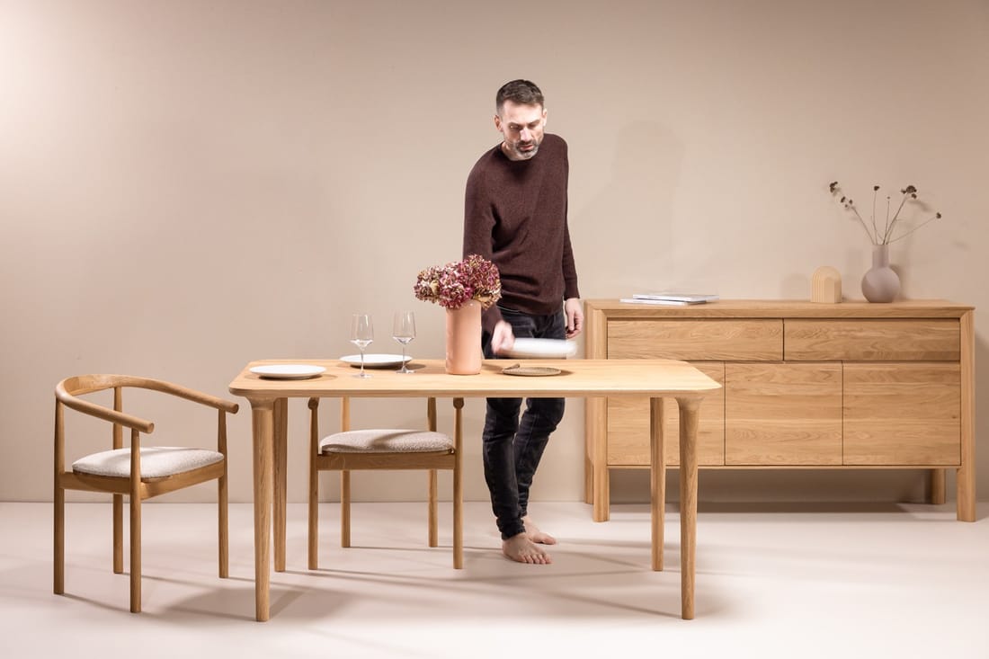 Solid oak dining table, in everyday use