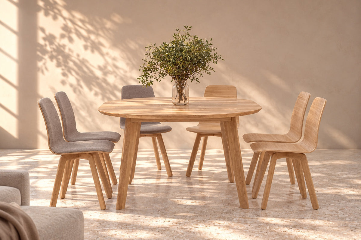 Mesa de comedor redonda extensible de madera maciza de haya SAGA | VESKOR