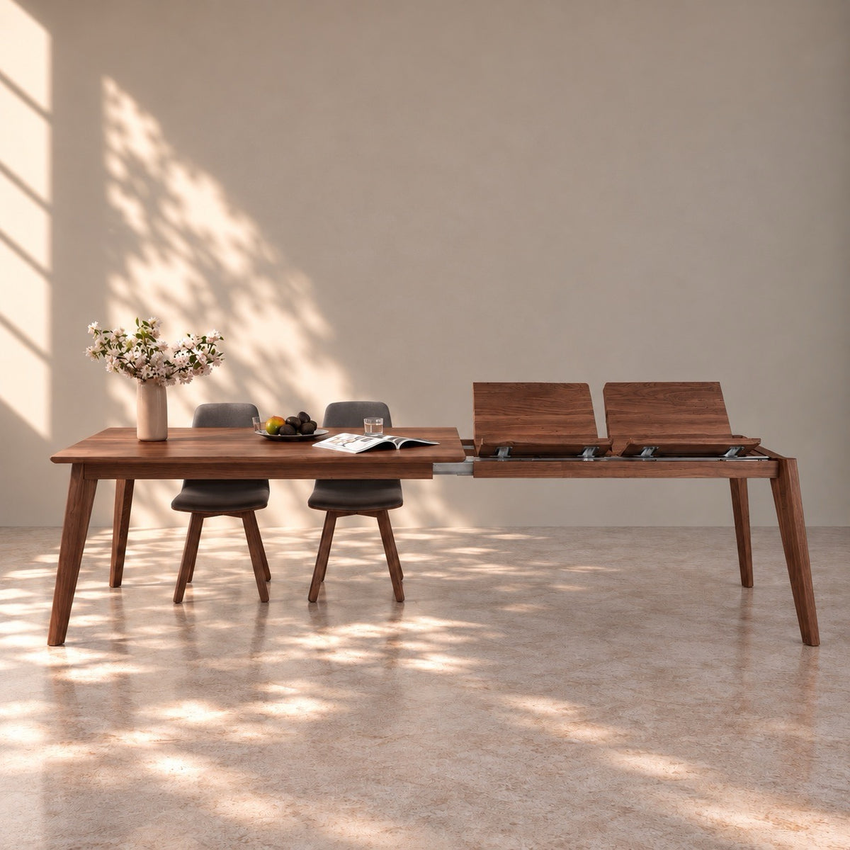Mesa de comedor de madera maciza de nogal extensible Kambio 2 | VESKOR