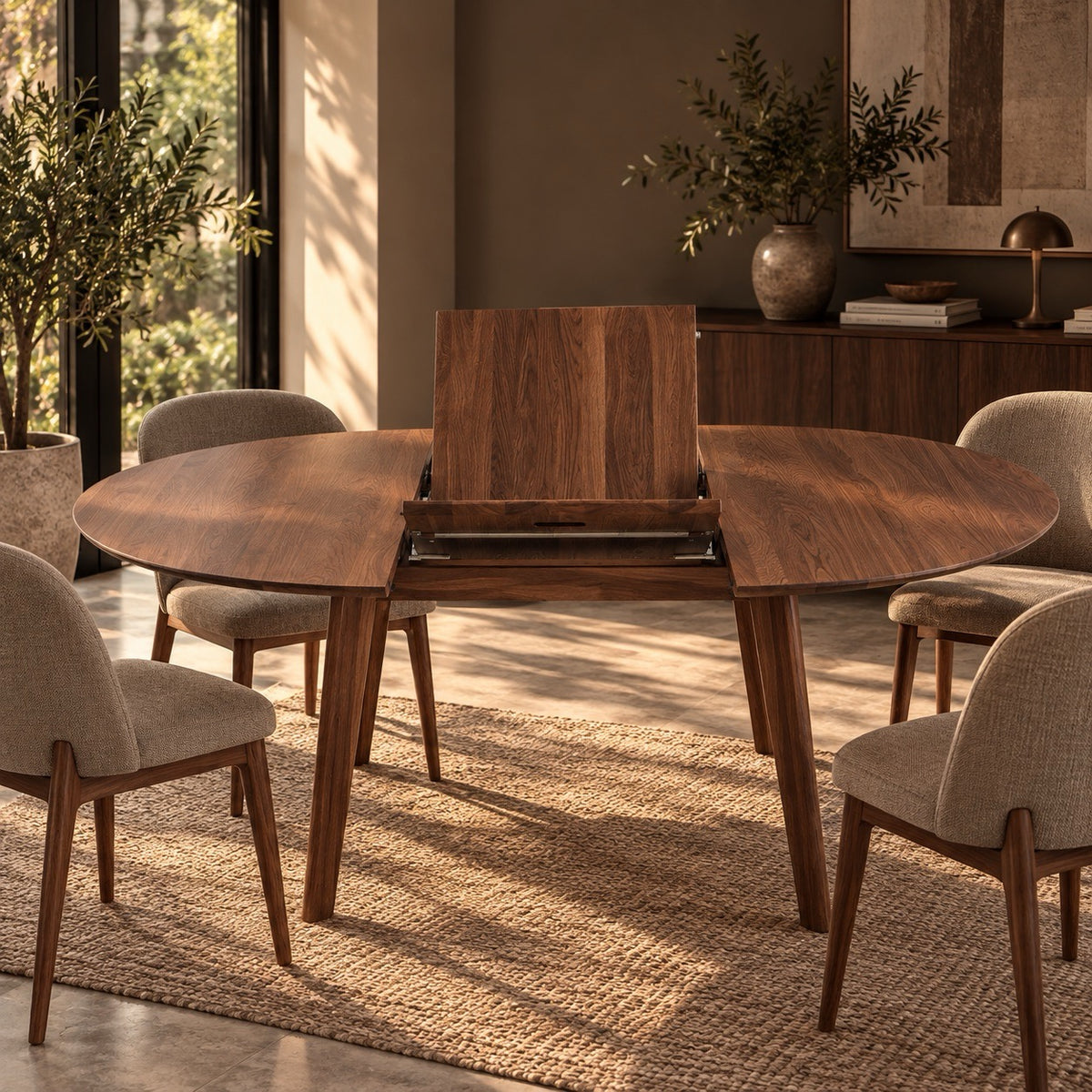 Mesa de comedor de madera maciza de nogal redonda extensible Saga | VESKOR